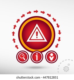 Warning flat icon on creative background. Red design concept for banner, web, advertising, print.  