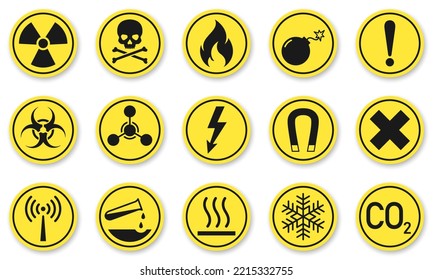 Warning flat icons collection. Black vector hazard glyphs on yellow background. Best for print, package, mobile apps, UI and web design.