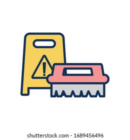 símbolo de suelo de advertencia e icono de limpieza sobre fondo blanco, estilo de relleno de línea, concepto de elementos de limpieza, ilustración vectorial