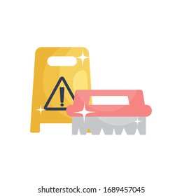 warning floor sign and cleaning brush icon over white background, flat style, cleaning elements concept, vector illustration