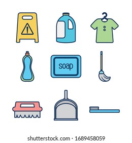 warning floor sign and cleaning tools icon set over white background, line fill style, vector illustration