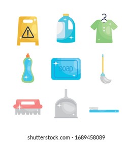 warning floor sign and cleaning tools icon set over white background, flat style, vector illustration