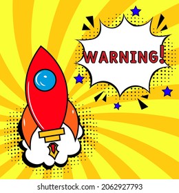 Warning, Font expression pop art.  Warning in comic pop art style.  Warning message in sound speech bubble in pop art style. Comic book explosion with text Warning.