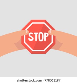 Warning. Forbidden. No access. POV. Hands holding a red stop sign. Flat editable vector illustration, clip art. 