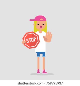 Warning. Forbidden. No access. Young female character holding a red stop sign. Flat editable vector illustration, clip art. 