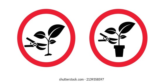Warning, forbidden, no plucking  plants and blooms or pick up flower or bloom. Do not pluck or grab flowers and blossom. Stop, no ban icon or pictogram. No prune, tripe, snip, cut or trim plant.