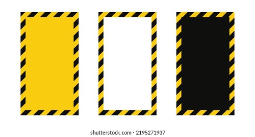 Marco de advertencia con franjas diagonales amarillas y negras. Juego de cuadros de advertencia de rectángulo. Borde de cinta de precaución amarillo y negro. Ilustración vectorial sobre fondo blanco.