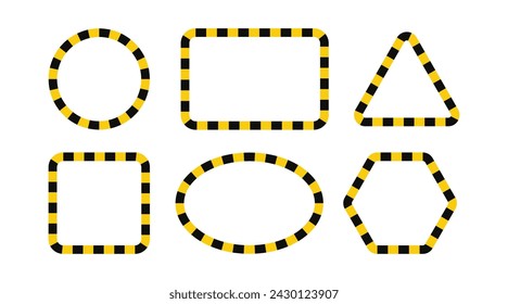 Warning frame with yellow and black tape. Barricade lines. Circle, oval and rectangle warn frame with text space set. Yellow and black caution tape border. Vector illustration on white background.