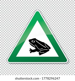 Warning frog, toad migration and save frogs. Traffic sign in green color attention frogs crossing the road on checked transparent background. Vector illustration. Eps 10 vector file.