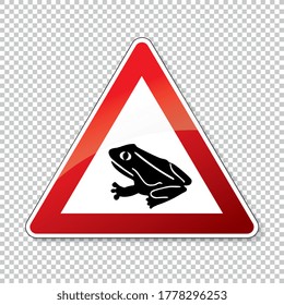 Warning frog, toad migration and save frogs. Traffic sign attention frogs crossing the road on checked transparent background. Vector illustration. Eps 10 vector file.