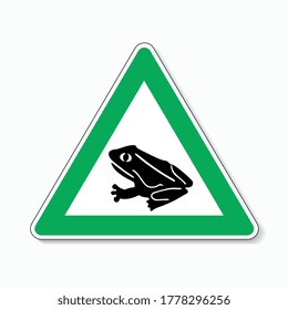 Warning frog, toad migration and save frogs. Traffic sign in green color attention frogs crossing the road on white background. Vector illustration. Eps 10 vector file.