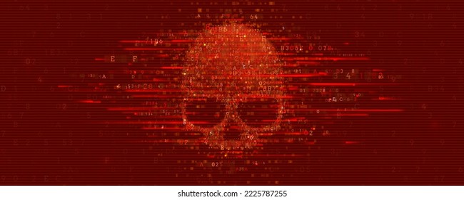 Warnschild-Schädel mit Programmiercode. Gefährden Sie das Internet-Virus, technische Probleme oder Systemfehler. Vektorgrafik.