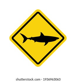 Warning graphic sign caution sharks. Yellow square with black silhouette shark isolated symbol on white background. Vector illustration