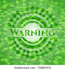 Warning green emblem with triangle mosaic background