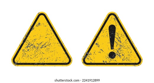 Warning grunge sign set vector illustration. Yellow sign in shape of triangle to warn about caution, alert danger symbol with empty or black exclamation mark inside, attention road signal.