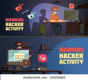 Warning hacker activity 2 retro cartoon horizontal banners with criminal breaking computer security passwords isolated vector illustration