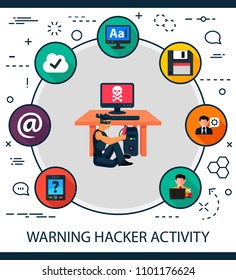 Warning hacker activity  flat icons concept. Vector illustration. Element template for design.