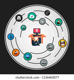 Warning hacker activity  flat icons concept. Vector illustration. Element template for design.