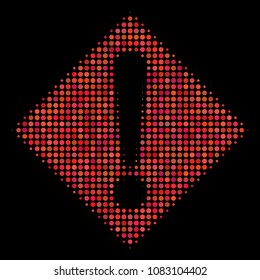 Warning halftone vector icon. Illustration style is dotted iconic warning symbol on a black background. Halftone pattern is constructed of round elements.