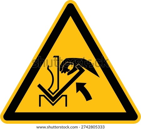 Warning hand crushing between press brake and material sign vector illustration, GHS hazard pictograms. To warm of the danger of hands being caught between a workpiece and the moving parts of a press brake. Hazard icons, safety sign.