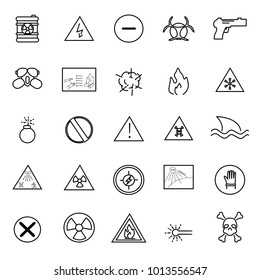 Warning and hazard icons set isolated on white background. Signs for web site, poster and placard. Thin line simple icons like danger, high electricity, uv radiation and toxic gas. Vector illustration