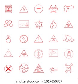 Warning and hazard icons set isolated on white background. Signs for web site, poster and placard. Thin line simple icons like danger, high electricity, uv radiation and toxic gas. Vector illustration