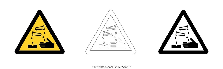 Aviso ou sinalização de perigo para material corrosivo em um triângulo amarelo.