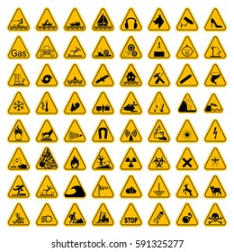 Warning Hazard Triangle Signs Set. Vector illustration. Yellow symbols isolated on white