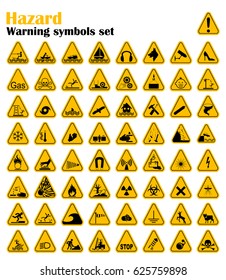 Warning Hazard Triangle Signs Set. Vector illustration. Yellow symbols isolated on white