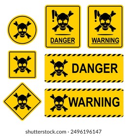 Warning, hazardous symbol featuring a skull icon. Cautionary skull emblem. Lethal alert, dangerous poison in different yellow shape design collection. Vector graphic illustration.