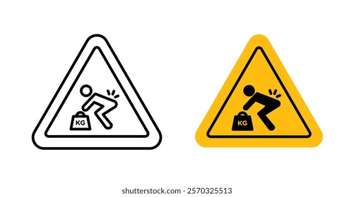 Warning heavy object signs vectors set in black. line and flat versions