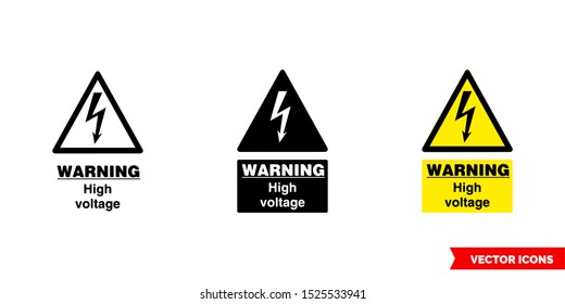 Warning high voltage icon of 3 types: color, black and white, outline. Isolated vector sign symbol.
