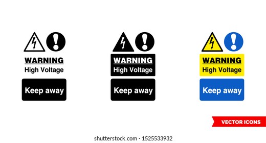 Warning high voltage keep away icon of 3 types: color, black and white, outline. Isolated vector sign symbol.
