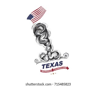 Warning hurricane in Texas. Figure tornado with the flag of the United States of America. on a white background. Flat vector illustration EPS 10.
