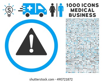 Warning icon with 1000 medical business gray and blue vector pictograms. Design style is flat bicolor symbols, white background.