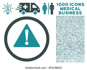 Warning icon with 1000 medical commercial soft blue vector pictographs. Design style is flat bicolor symbols, white background.