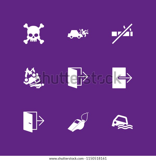 warning icon. 9 warning set with human skull with
crossed bones silhouette, whistle, accident and exit vector icons
for web and mobile app