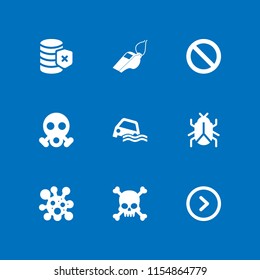 warning icon. 9 warning set with radioactive, human skull with crossed bones silhouette, virus and right arrow circular button vector icons for web and mobile app