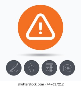 Warning icon. Attention exclamation mark symbol. Speech bubbles. Pen, hand click and chart. Orange circle button with icon. Vector