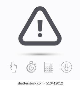Warning icon. Attention exclamation mark symbol. Stopwatch timer. Hand click, report chart and download arrow. Linear icons. Vector