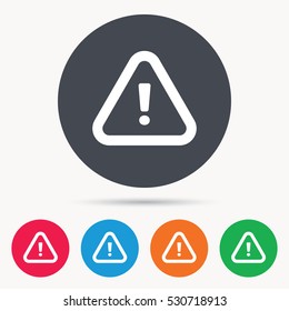 Warning icon. Attention exclamation mark symbol. Colored circle buttons with flat web icon. Vector