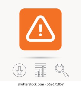 Warning icon. Attention exclamation mark symbol. Report chart, download and magnifier search signs. Orange square button with web icon. Vector