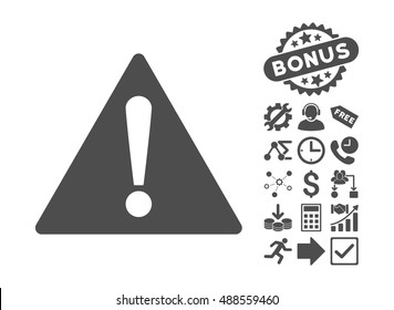 Warning icon with bonus pictogram. Vector illustration style is flat iconic symbols, gray color, white background.