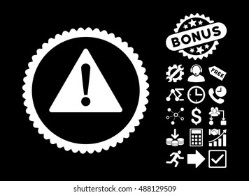 Warning icon with bonus pictures. Vector illustration style is flat iconic symbols, white color, black background.