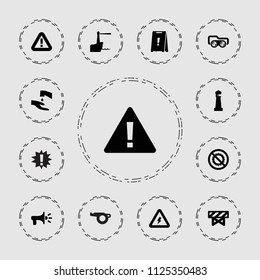 Warning icon. collection of 13 warning filled icons such as barrier, lighthouse, no brightness, megaphone, wet floor. editable warning icons for web and mobile.