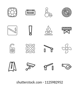 Warning icon. collection of 16 warning outline icons such as barrier, wet floor, whistle, no brightness, exclamation point. editable warning icons for web and mobile.