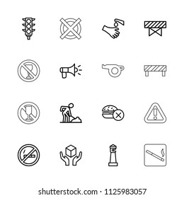 Warning icon. collection of 16 warning outline icons such as barrier, lighthouse, no fast food, digging man, no smoking. editable warning icons for web and mobile.