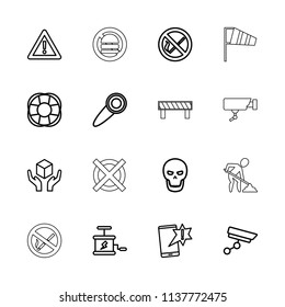 Warning icon. collection of 16 warning outline icons such as important message, handle with care, fan, door knob, security camera. editable warning icons for web and mobile.