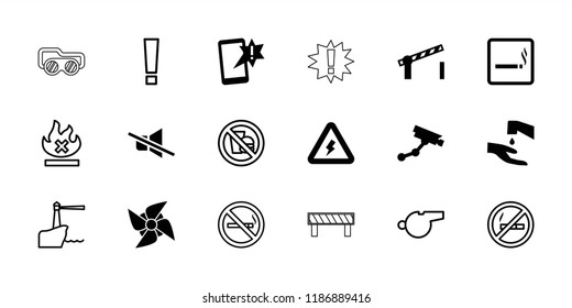 Warning icon. collection of 18 warning filled and outline icons such as smoking area, security camera, road barrier, no smoking. editable warning icons for web and mobile.