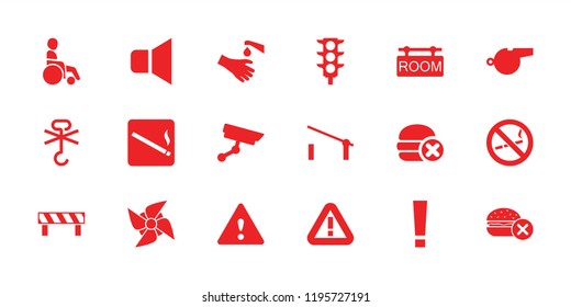 Warning icon. collection of 18 warning filled icons such as barrier, no fast food, hands washing, traffic light, exclamation point. editable warning icons for web and mobile.
